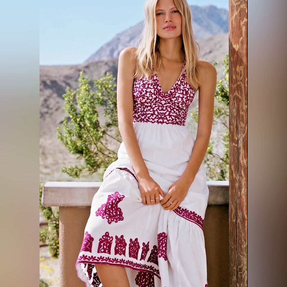 NWT ANTHROPOLOGIE MANUELA BOTANICAL EMBROIDERED TIERED HALTER MAXI DRESS IVORY